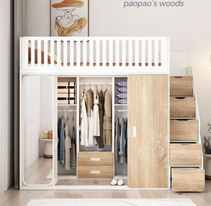 <span class=keywords><strong>Letto</strong></span> a Castello in Legno Grigio a Grandezza Naturale con Armadio e Cassetti, Design Moderno Ecologico, Comodo e Resistente per Appartamenti - Product Image 2