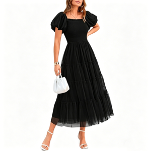 Vestido Midi <span class=keywords><strong>de</strong></span> Tul Fruncido para Mujer, Verano 2026, Manga Corta Abullonada, Cuello Cuadrado, con Volantes, para Invitadas <span class=keywords><strong>de</strong></span> <span class=keywords><strong>Boda</strong></span> y Fiestas - Product Image 3
