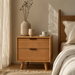 Solid <b>Oak</b> Wood <b>Bedside</b> Nightstand with Two Storage <b>Drawers</b> Minimalist Scandinavian Bedroom Side Cabinet Made in Indonesia - Product Image 3