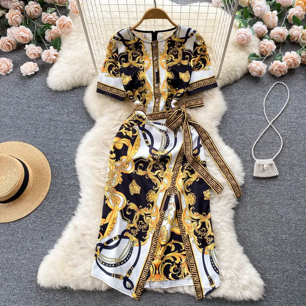 Court-style printed round collar, short sleeve, belted waist, slimming and high-end temperament hip wrap dress
