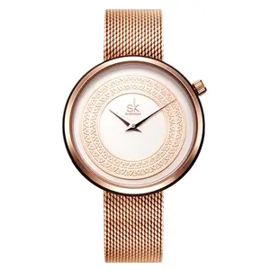 Shengke-Reloj de pulsera personalizado para mujer, nuevo estilo, acero inoxidable, malla, oro rosa, puntero similar a la espada, K0094L, 0094