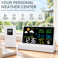 5112 Transparente Glas-Wetterstation mit Wecker, Thermometer, Hygrometer, Digitalem LCD-Temperatur- und Feuchtigkeitsmonitor, ODM