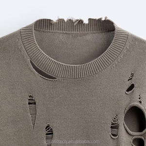 Personnalisé 400 Gsm Oversize Drop Shoulder Hommes Hoodies Déchiré Coton Ras Du Cou Vierge En Détresse Ras Du Cou Sweat - Product Image 4