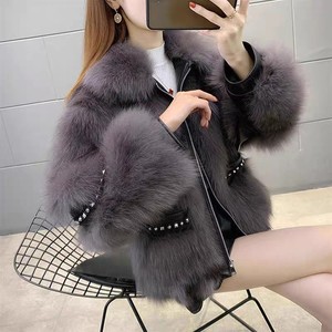<span class=keywords><strong>Manteau</strong></span> en fausse fourrure de renard de luxe léger, avec empiècements en cuir et détails rivetés, élégant, chaud et non volumineux - Product Image 2