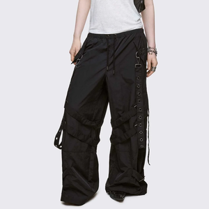 Pantalon cargo parachute 100 % nylon pour homme, avec harnais à œillets, coupe ample, jambe large, taille élastique avec cordon de serrage, pantalon fonctionnel de style urbain - Product Image 5