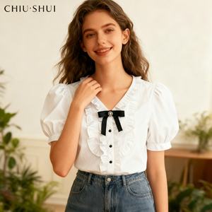 Camicetta Bianca in Chiffon da Donna <span class=keywords><strong>con</strong></span> Dettaglio a <span class=keywords><strong>Fiocco</strong></span>, Scollo a V, Maniche a Sbuffo, Top Elegante per Uso Quotidiano - Product Image 2