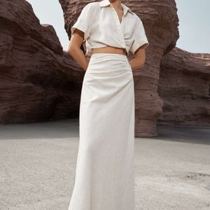 Conjunto de Dos Piezas OEM para Mujer, Ropa de Verano, Camisa Corta Cruzada de Lino, Falda Larga de Lino - Product Image 1