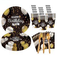 Ensemble de fournitures pour fête d'anniversaire noir et or, décorations de fête d'anniversaire, assiettes en papier, gobelets, serviettes, fourchettes, cuillères, pailles, kit de vaisselle