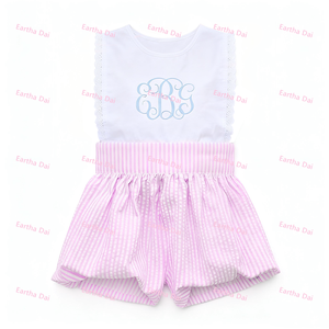 Robes d'été pour bébés filles en seersucker, ensembles assortis pour sœurs, barboteuses bulles en dentelle pour nouveau-nés - Product Image 2
