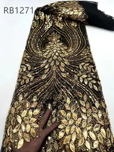 Tissu de dentelle de perles de luxe personnalisé filet élastique extensible français tissu de dentelle de maille de puissance nuptiale pour robe vente en gros