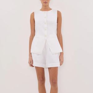 Nouveauté, vêtements en lin de haute qualité, hauts en lin décontractés à col rond pour femmes, shorts en lin à taille élastique, ensemble deux pièces - Product Image 1