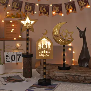 2024 New Design Eid Mubarak Star And Moon Night Light Ramadan Festival Wooden Table Lamp Decorative Lights Ramadan Light