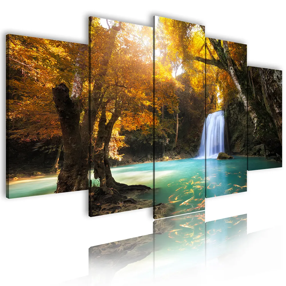 Panel de lienzo decorativo personalizado para decoración del hogar, cuadro de cascada de paisaje para sala de estar, impresiones de imagen, arte de pared de 5 piezas