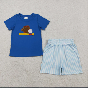 Ensemble de vêtements d'été pour enfants BSSO1670, haut bleu brodé de baseball et short à rayures - Product Image 3