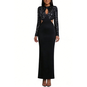 Robe longue de soirée moulante à sequins contrastants et découpes pour femme, manches longues, tendance - Product Image 2