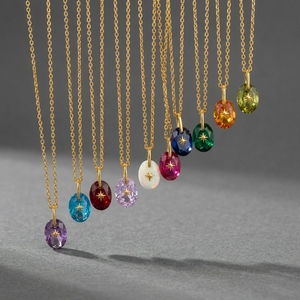 Collana Personalizzata con Pietra Portafortuna dei 12 Mesi, in Acciaio Inossidabile Placcato Oro, con Ciondolo a Stella e Cristallo Ovale, Gioiello Regalo Che Non Si Ossida - Product Image 1