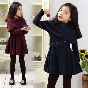 Ensemble de vêtements pour filles de style preppy coréen, robe cape en laine à double boutonnage pour l'automne et l'hiver, deux pièces, vêtements pour enfants - Product Image 1