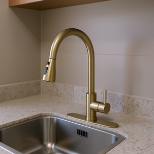 Robinet de cuisine extractible avec douchette, monocommande, finition or brossé, montage sur plan, 1 trou, design moderne - Product Image 2