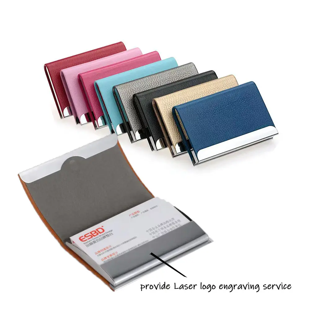 mental aluminum Pu leather Blank Metal business id card case note card holder wallet gift with Customized Logo