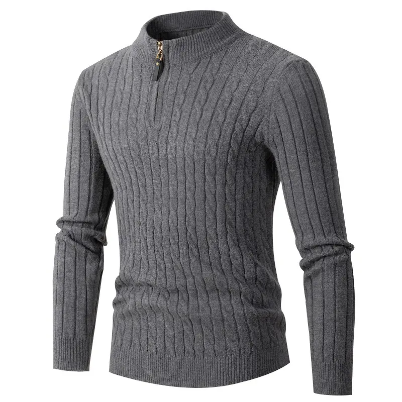 Mock neck long sleeve Men zip pullover sweater cable knit Cardigan Sweater Men