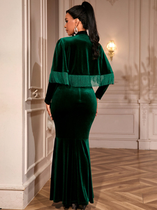 Robe de soirée longue en velours à manches longues avec cape, à franges vertes, pour Noël, modèle AM050848 - Product Image 3