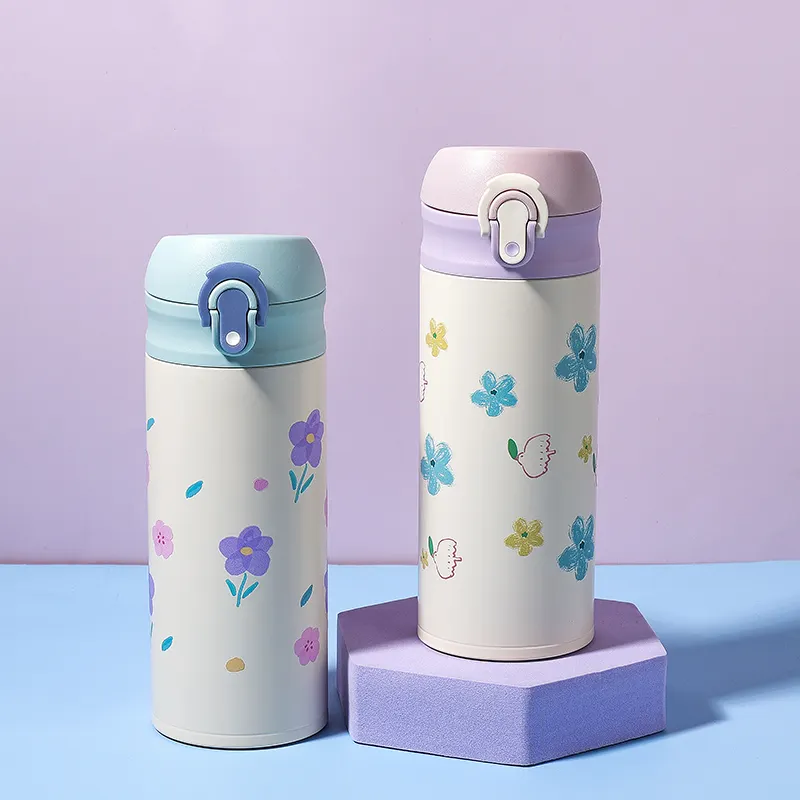 Wholesale kids unicorn pattern cola shaped double wall stainless steel water bottle with silicone keychain