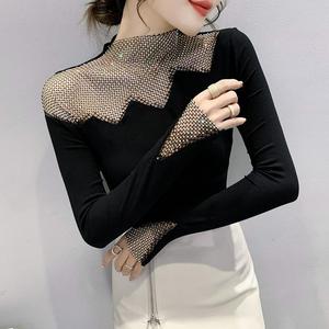 Maglietta a Collo Alto con Strass, Top da <span class=keywords><strong>Donna</strong></span> a Maniche Lunghe in Cotone, Disponibile in Magazzino - Product Image 2
