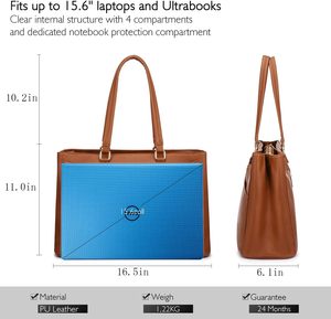 Sac fourre-tout pour ordinateur portable en <span class=keywords><strong>cuir</strong></span> PU imperméable de 15.6 pouces pour femmes mallette de travail de bureau avec étui en tissu PC fermeture à glissière marron - Product Image 5