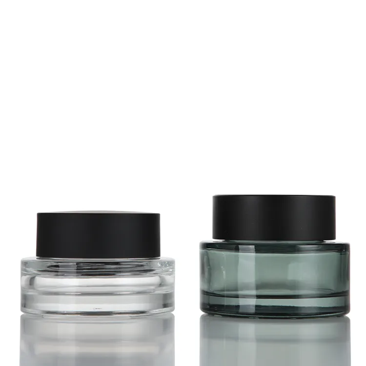 High-End Dikke Bodem 30G 50G Transparant Drak Groen Glas Cosmetische Verpakking Platte Schoudercrème Pot Met Zwarte Dop