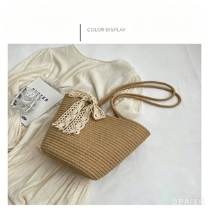 Sac fourre-tout en paille tressée, sac seau à bandoulière de grande capacité avec nœud papillon pour la plage, les voyages et l'usage quotidien - Product Image 4