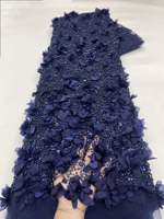 Tissu en dentelle à appliques florales 3D bleu marine de qualité supérieure, maille perlée pour la haute couture, plusieurs couleurs en stock, livraison rapide