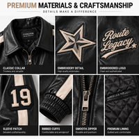 Blouson en cuir style course vintage avec broderie personnalisée et écussons étoiles, fermeture éclair, pour homme, pour commande en gros