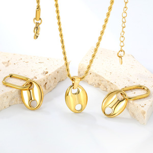 Ensemble collier et boucles d'oreilles en acier inoxydable pour femmes, motif grain de café, bijoux ovales tendance, plaqué or 18 carats, cadeau - Product Image 2