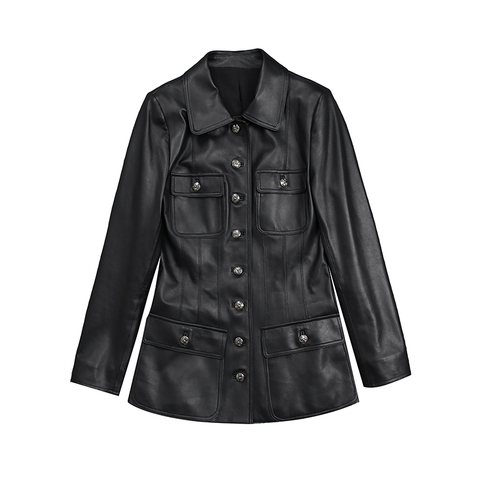 1138 Elegant Style Baby Collar Genuine Leather Sheepskin Long Sleeve Pocket Single Breasted Slim Suit Jacket