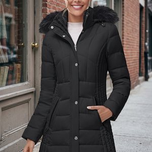 Women's Long Hooded Puffer <b>Jacket</b> With Fur Trim Thick Winter Coat Casual Windproof Solid Black Polyester Wadding Regular Fit - Product Image 5
