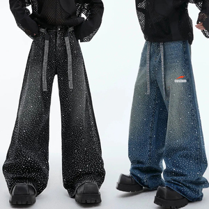 Jeans Baggy da Uomo all'Ingrosso, <span class=keywords><strong>Pantaloni</strong></span> in Denim Lavaggio Acido, Effetto Consumato con Glitter e Strass, Jeans Dritti Larghi - Product Image 2