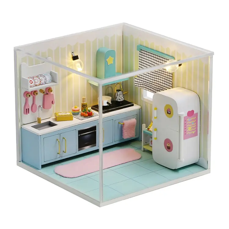 Pretend Role Play Diy Toy Children'S Kitchen With Refrigerator Diy Wooden Dolls House Handcraft Miniature Kit