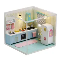 Stellen Sie sich Rollenspiel Diy Toy Kinder küche mit Kühlschrank Diy Holzpuppen Haus Hand craft Miniatur Kit