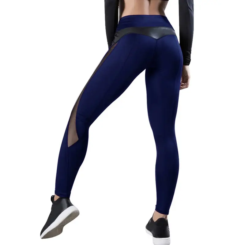 Quần Tập Thể Hình Cạp Cao Cho Nữ, Quần Legging Da PU Phối Lưới, Quần Tập GYM, Quần Chạy Bộ Gợi Cảm Không Đường May