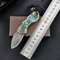 Coltello Pieghevole di Lusso in Acciaio Damascato con Manico in Conchiglia Naturale di Abalone e Bolster Inciso, Coltello Tascabile Portatile da Sopravvivenza, Strumento EDC, Regalo