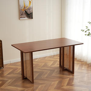 Approvisionnement d'usine Table de salle à manger <span class=keywords><strong>en</strong></span> bois massif populaire Table rectangulaire Tables de dîner de restaurant <span class=keywords><strong>en</strong></span> rotin avec double socle <span class=keywords><strong>en</strong></span> rotin - Product Image 5