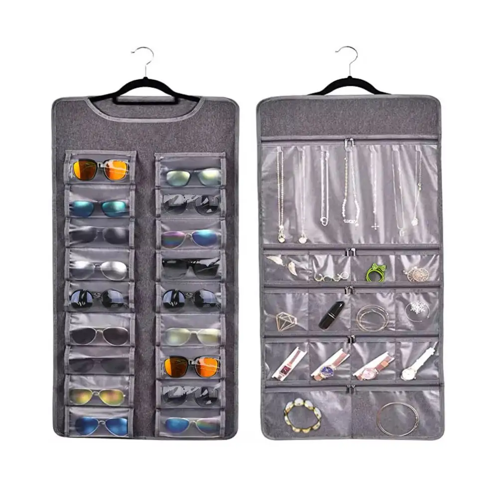 New Trend Double Sided Felt PVC Cloth Jewelry Glasses Pockets Storage Bag With Detachable Hanger