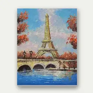 Lukisan minyak buatan tangan dekorasi rumah modern Menara Eiffel jumlah besar harga rendah ukuran kecil grosir kanvas