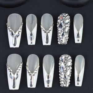 Wholesale Handmade Acrylic Full-Cover Coffin Shape False <b>Nails</b> Pre-Designed Pink/White Gradient <b>Rhinestone</b> Design Long Tips - Product Image 2