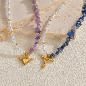 Moda empalme barroco agua dulce perla naturaleza piedra collar con cuentas gran oferta Acero inoxidable corazón llave cerradura colgante collar - Product Image 1