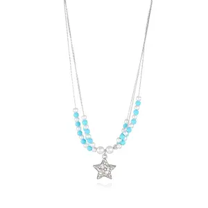 Women's Imitation Pearl Turquoise Beads Cross Heart Gemstone Rhinestone Charms Silver Steel Chains