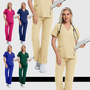 Women's Scrub Uniform Set Short Sleeve V Neck Medical Workwear For Nurses Doctors Veterinarians Operating Room Staff Beige Navy - Product Image 1