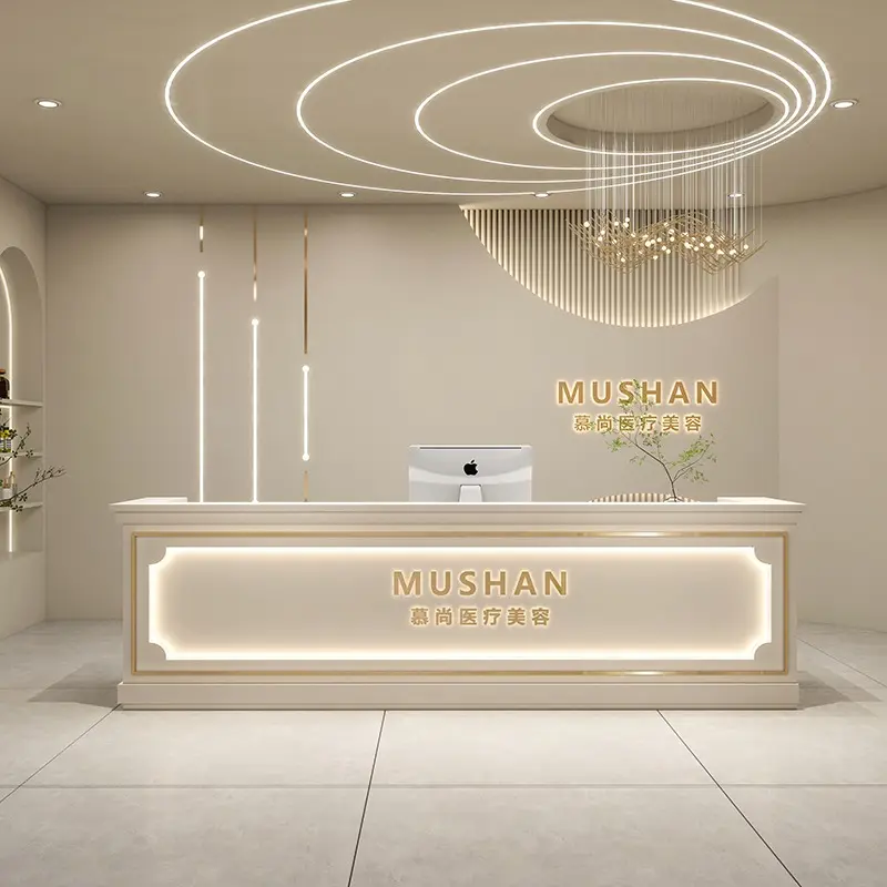 High quality hair salon furniture office reception table design modern white wooden front desk clinic reception table with lamp