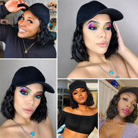 Peluca de gorra de béisbol ondulada de fibra sintética de alta temperatura para mujer, pequeña, con extensiones de cabello corto ondulado, ajustable, marrón y negro