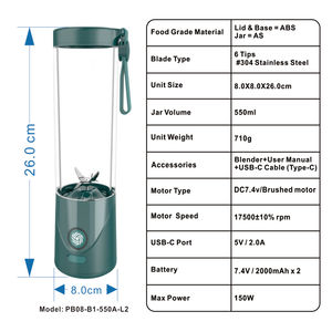 Wholesale Blender Factory Kitchen Appliances 550ml USB Cordless Electric Portable Mixer Push <b>Button</b> Control Ice Crush - Product Image 5